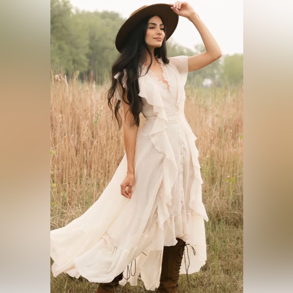 Joyfolie Cass Dress Heart print Flowing Ruffle Maxi Dress in Cream taupe beige